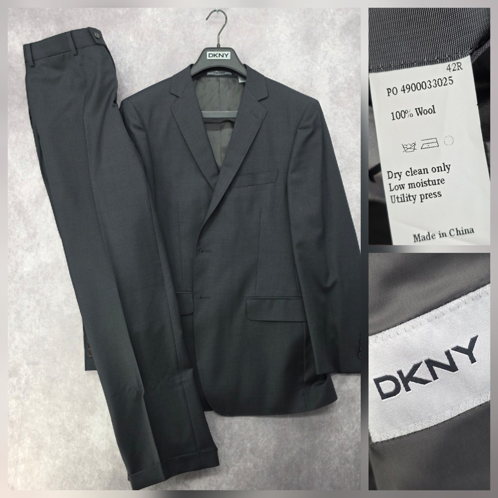 DKNY Mens 42R Wool 2 Piece Suit Charcoal Gray 2 Button Blazer Flat Front Pants